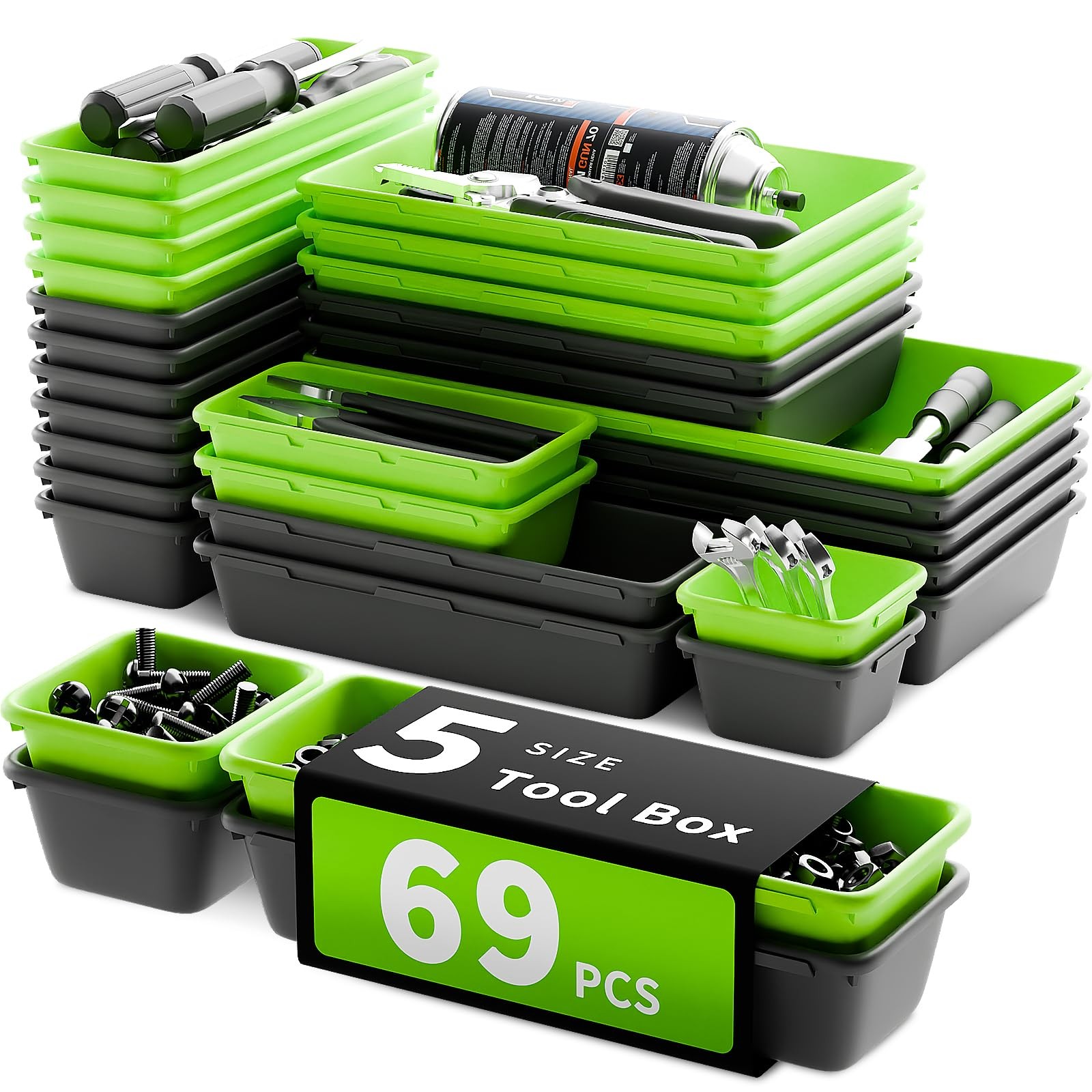 [5 Sizes] [69 PCS] Tool Drawer 12.5 x 1.77 x 6.2 inches, Black+Green