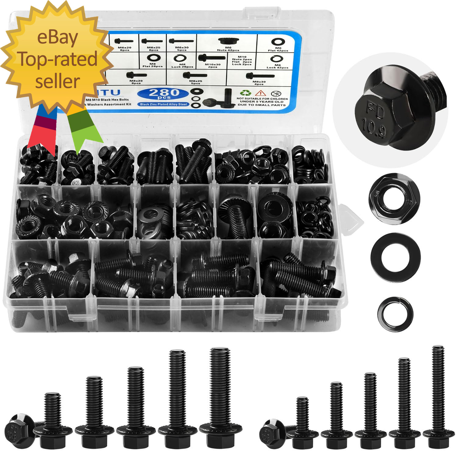 280Pcs Metric Flange Bolt Assortment M6X1.0, M8X1.25 M10X1.5 Assorted Hex Bolts