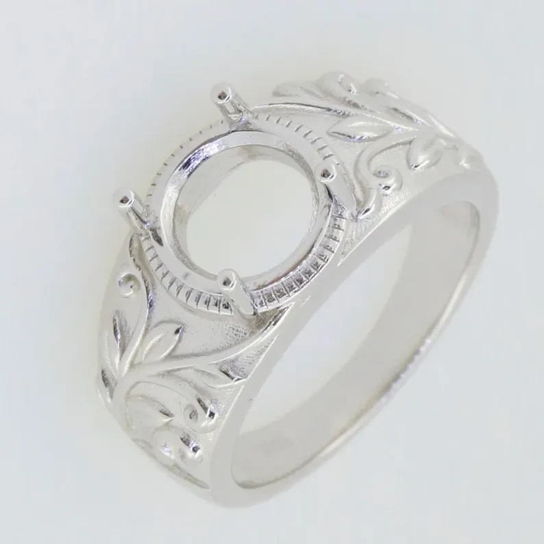 925 Sterling Silver Semi Mount Ring Round 8.2 & 3.5mm Art Nouveau Design Jewelry