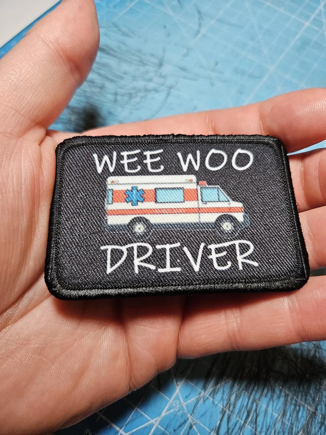 Wee woo driver ambulance EMT funny 2"x3" removable patch hook and loop backing