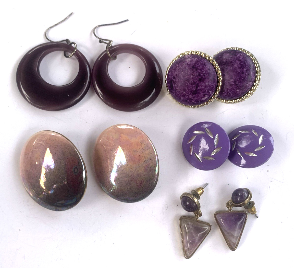 Pierced Earrings Purple Glass Hoops Dangles Huggies Stone Enamel Vtg Lot-5