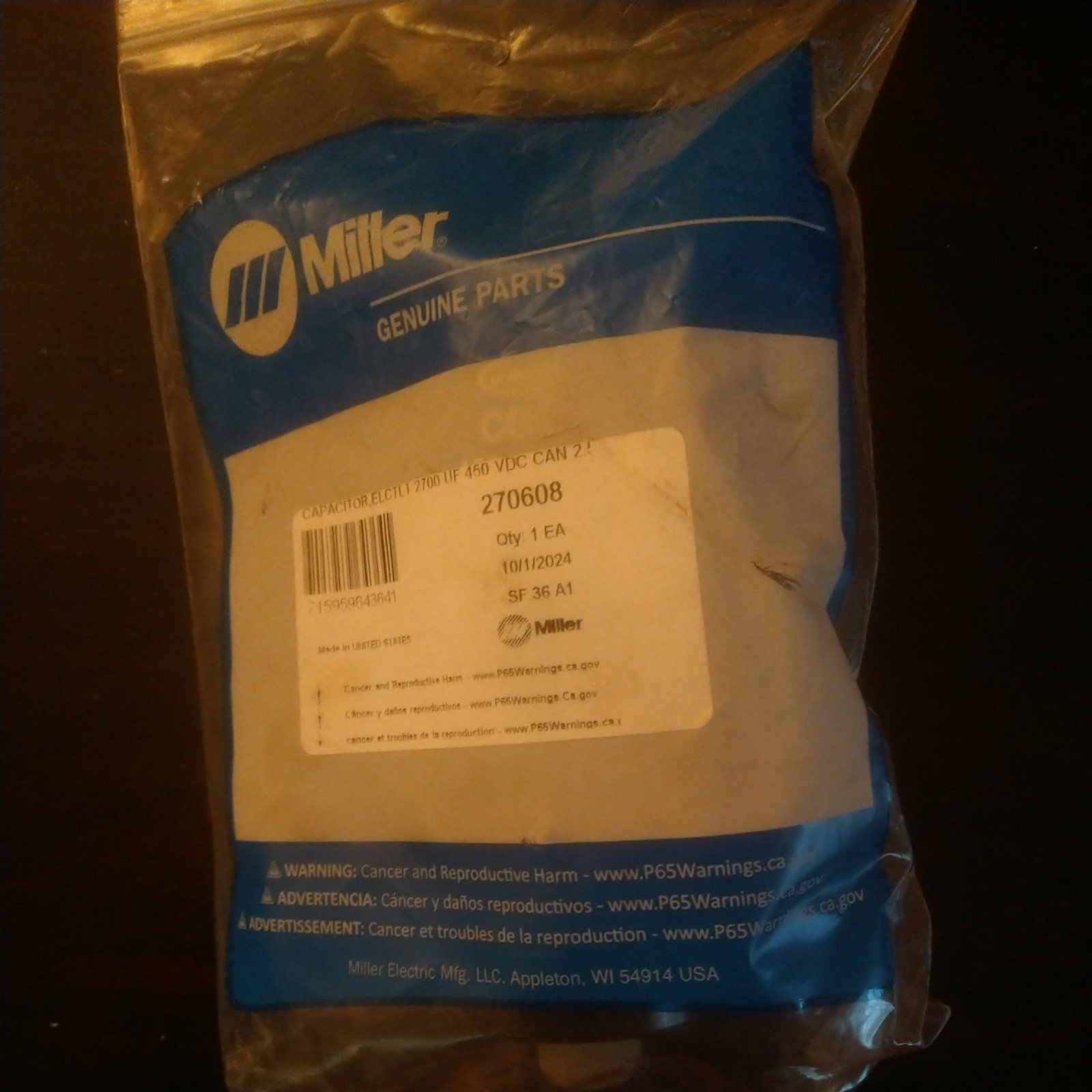 Miller 270608 Capacitor Elctlt 2700 Uf 450 Vdc Can 2.52 Dia