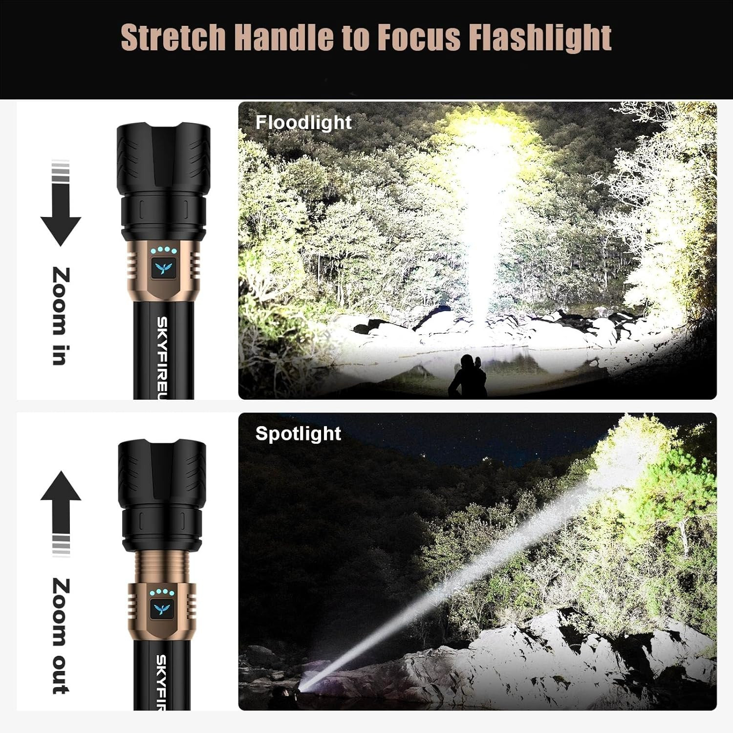SKYFIRE 1500000LM LED Flashlight Rechargeable Zoom Fire Starter Waterproof
