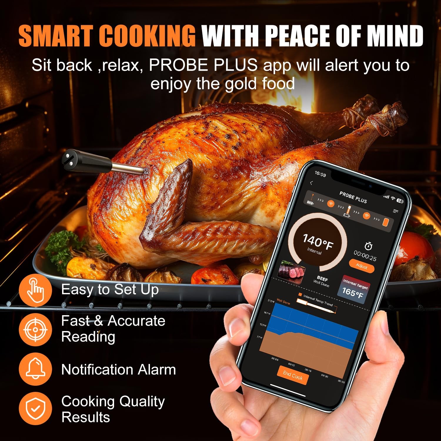 INSMART wireless meat thermometer Bluetooth 330FT Wood