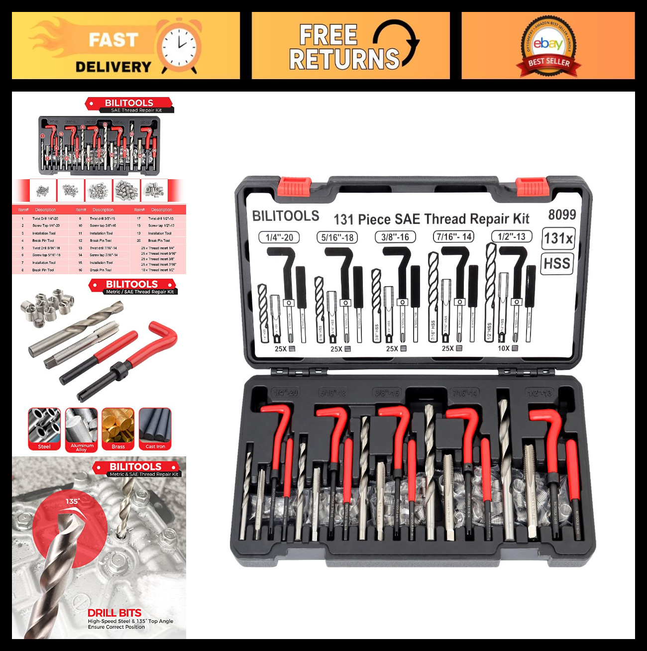 Helicoil Thread Repair Kit 131-Piece SAE, HSS Drill Inserts for 1/4" to 1/2