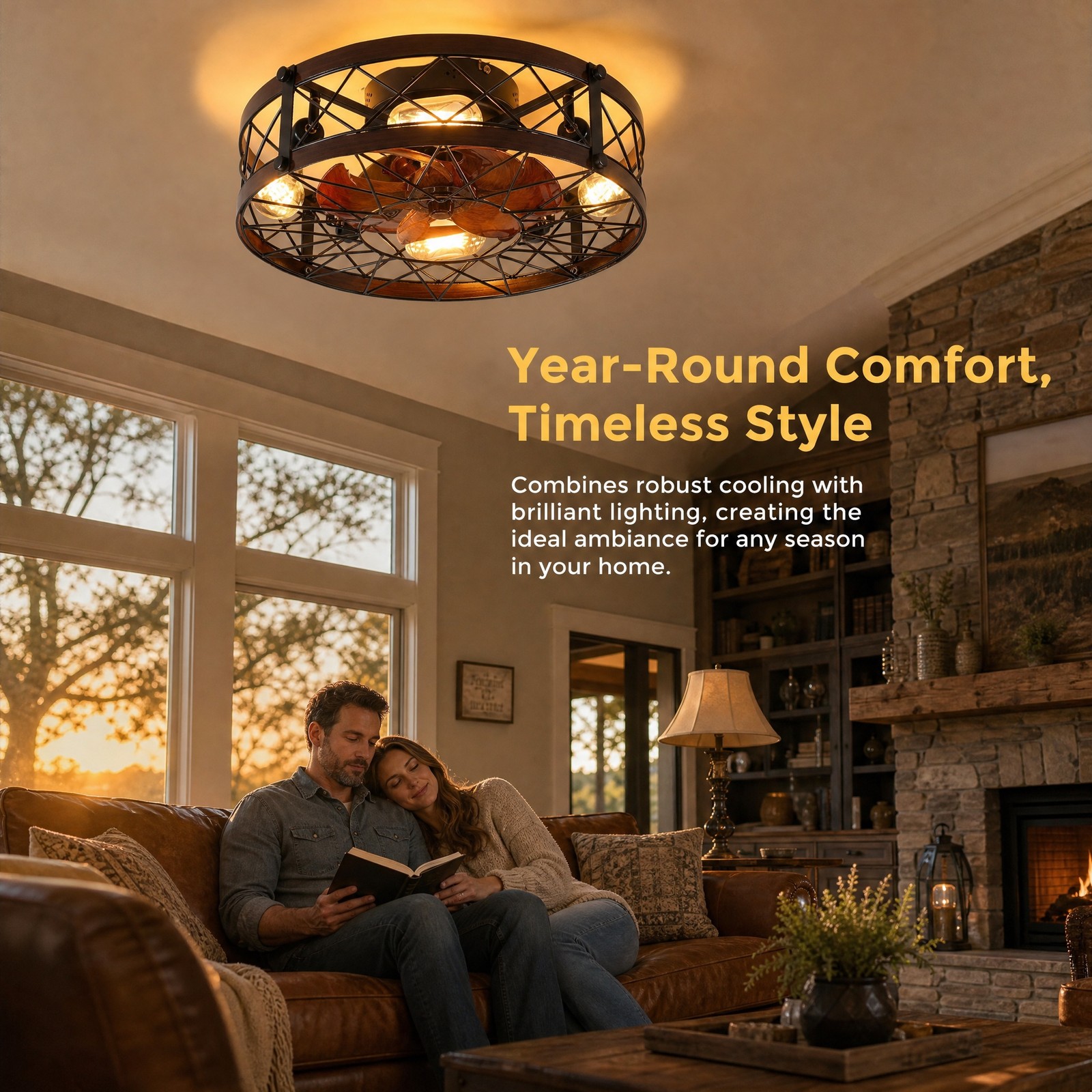 20 inch Rustic Black Caged LED Ceiling Fan with Light Flush Mount Remote Control