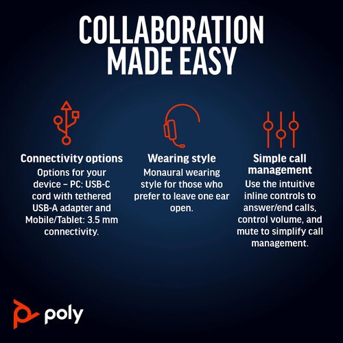 Poly Blackwire 5220 Stereo USB-C Headset with USB-C to USB-A Adapter Bundle