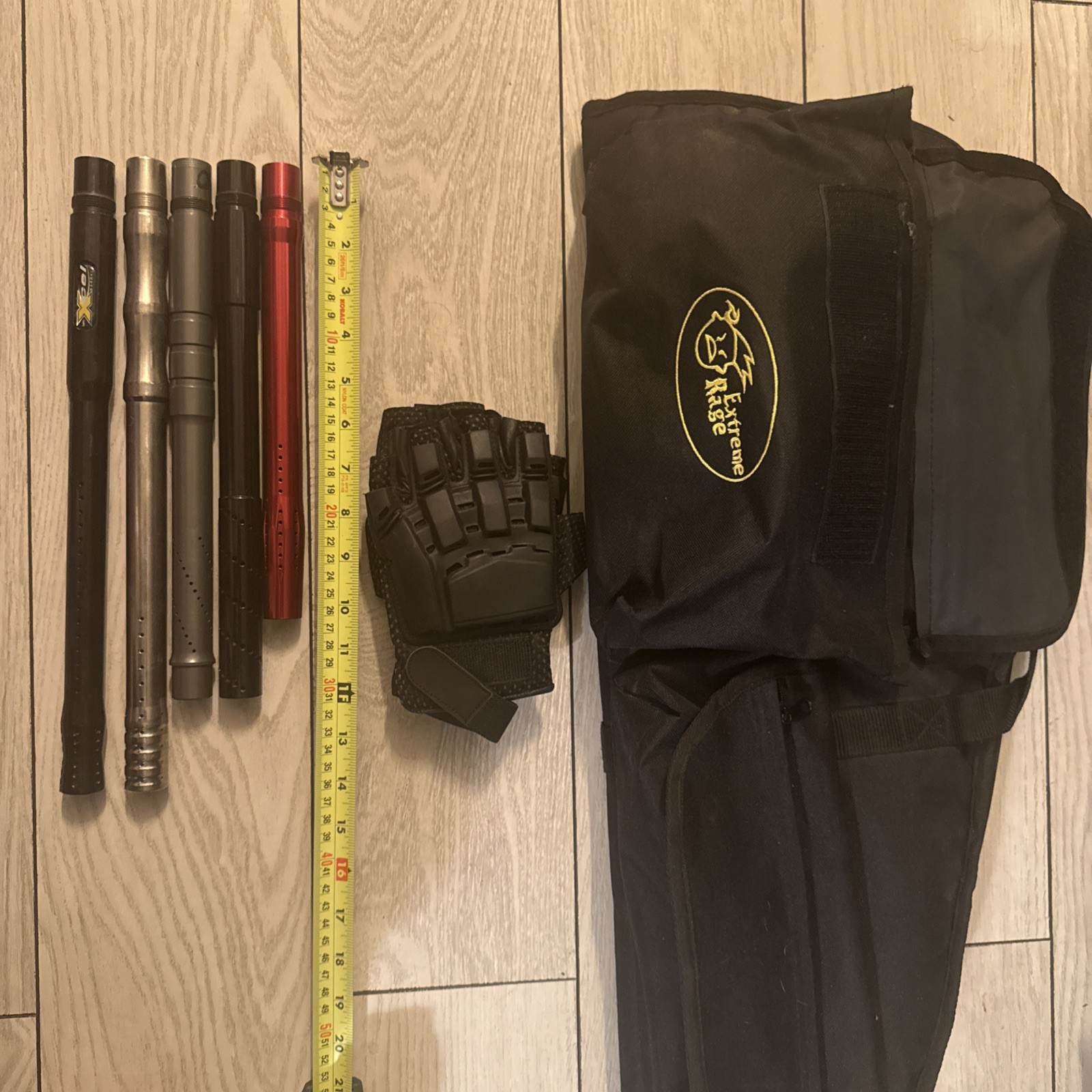 Paintball Barrel Lot of 5 gloves and bag Xcel