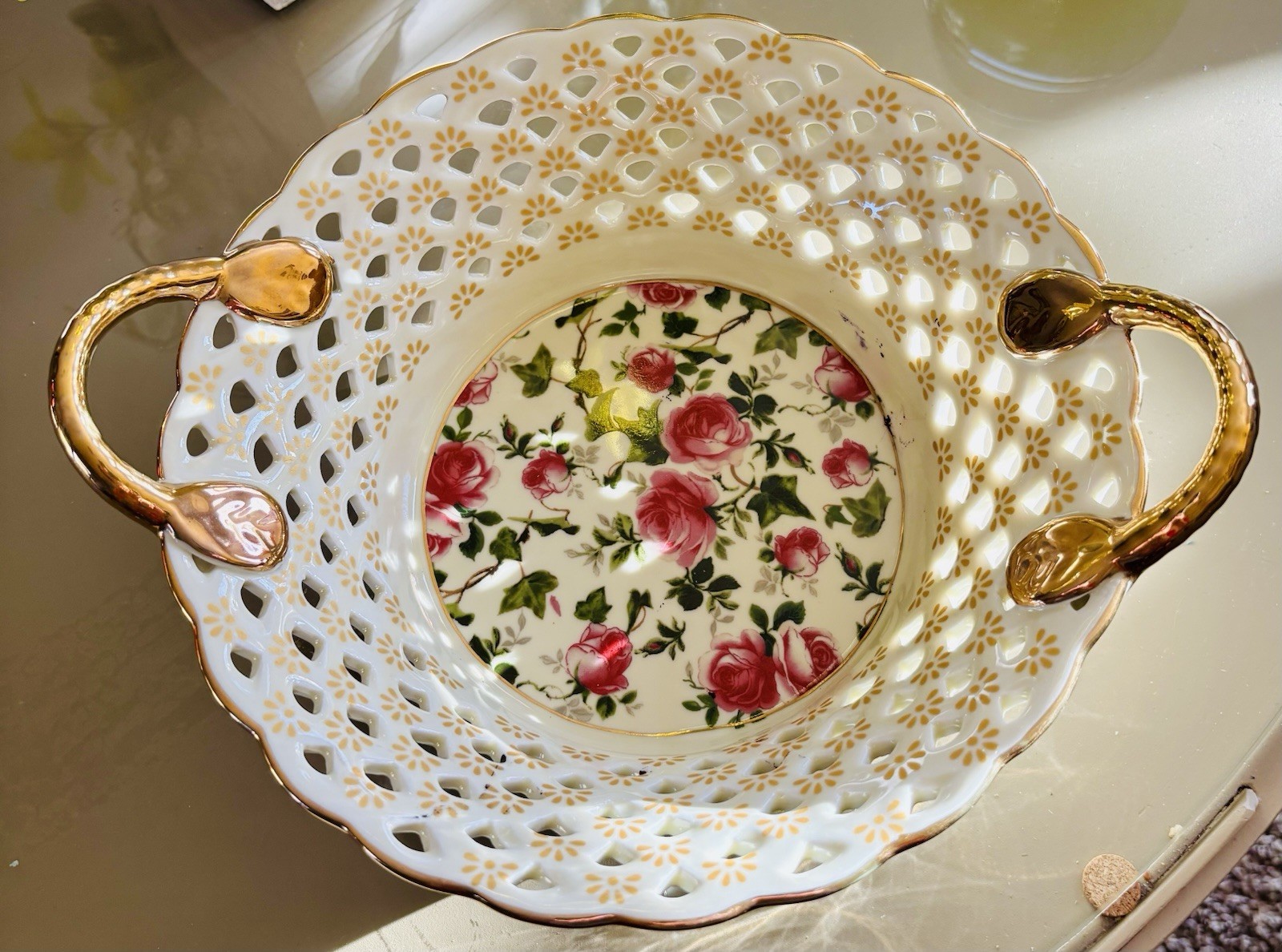 Gold Handled Delicate Porcelain Basket. Unique Rose Patterns. Open Basket Weave