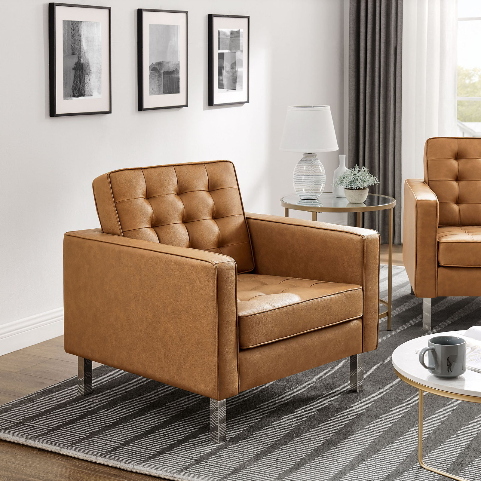 Modway Loft Tufted Upholstered Faux Leather Armchair Set of 2 in Silver Tan