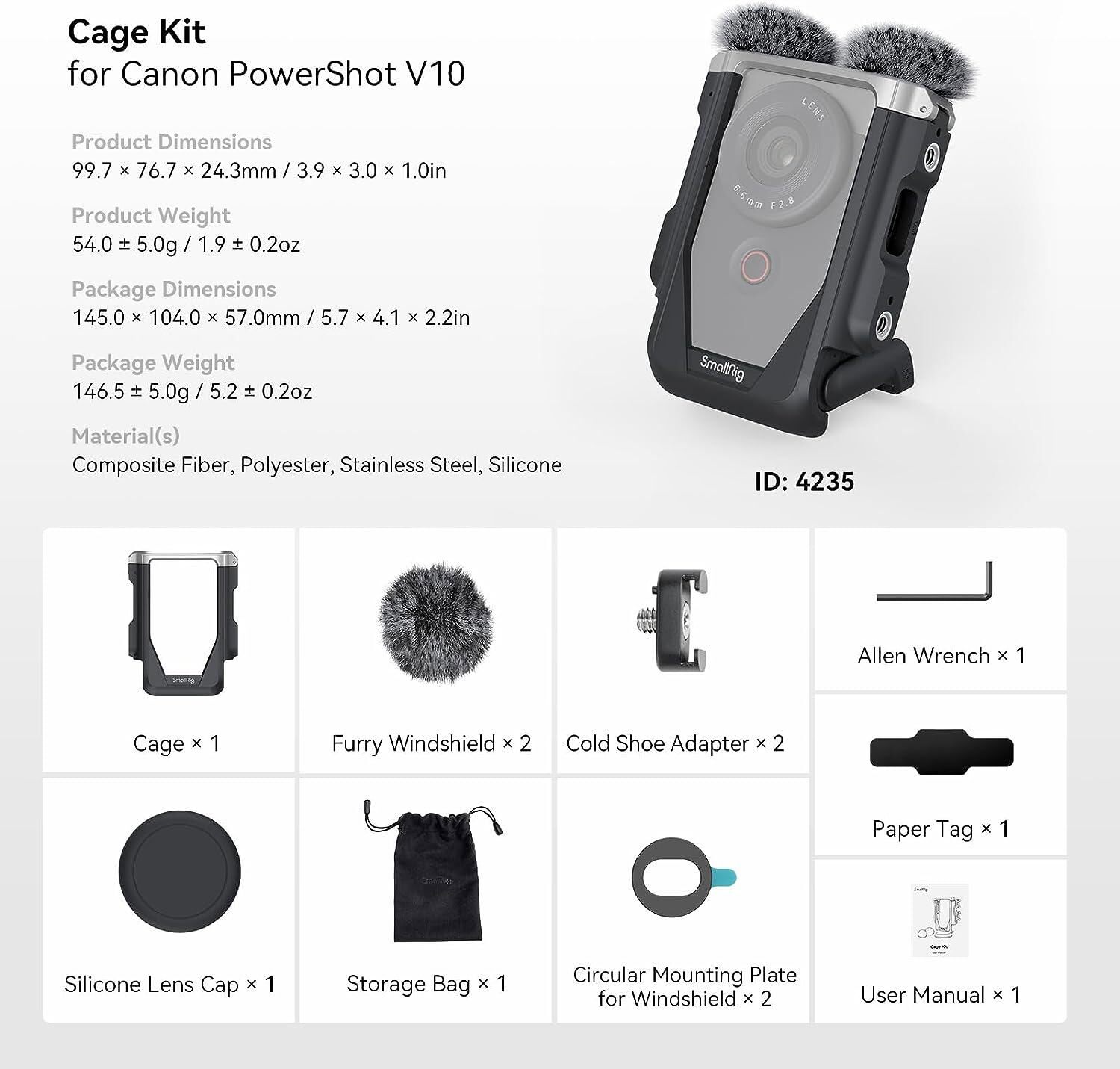 SmallRig Cage Kit for Canon PowerShot V10 with Furry Windshields, Camera Cage