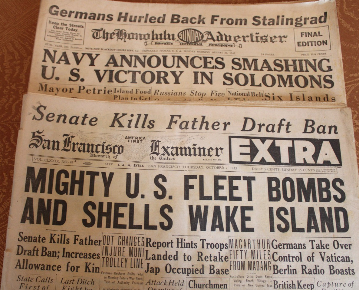 2 WWII Newspapers Solomon Islands Guadalcanal Tulagi Wake Island Stalingrad