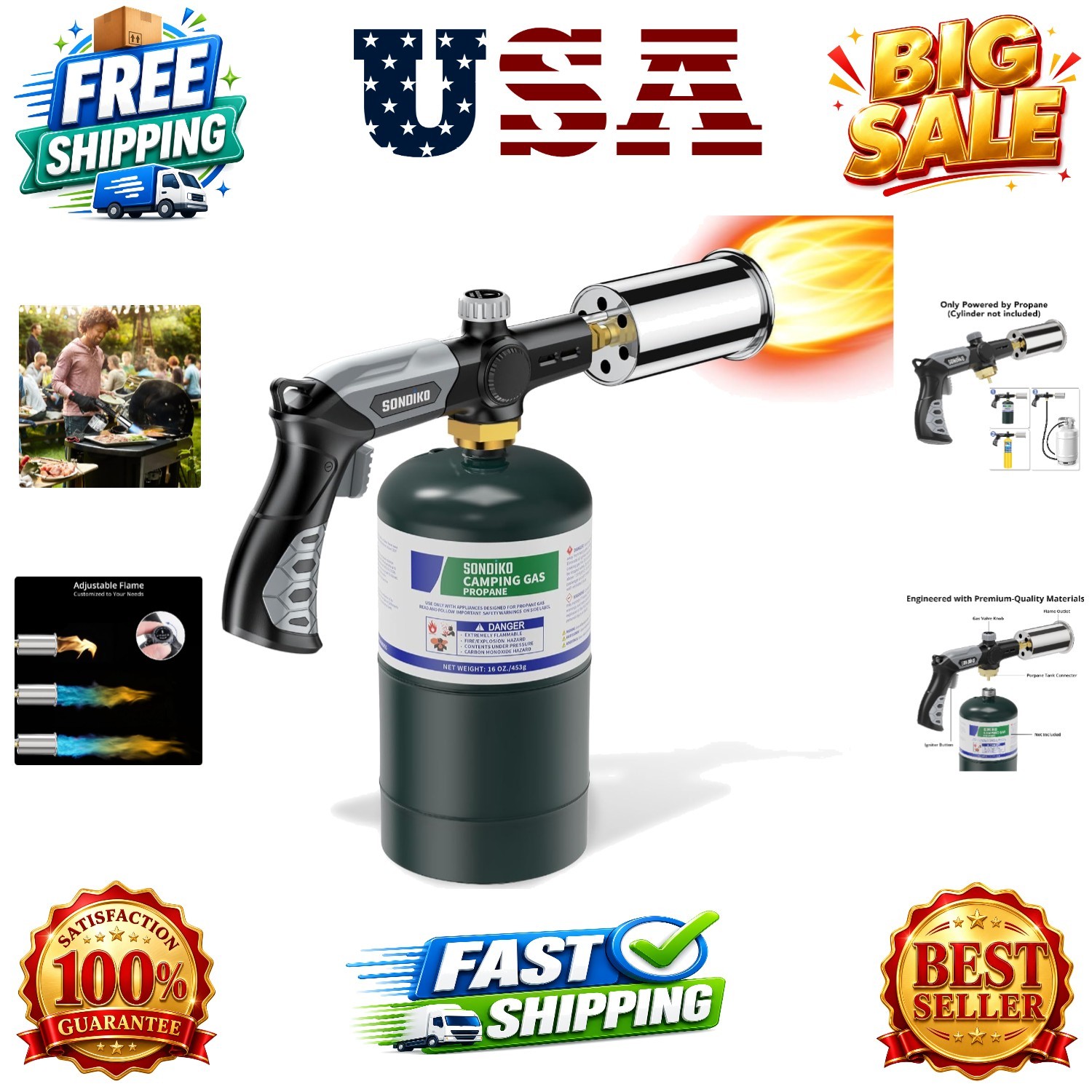 Powerful Grill & Cooking Propane Torch L8010, Sous Vide, Welding Torch, Adjus...