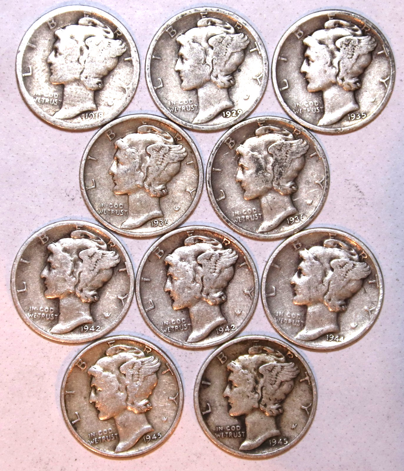 (10) Circulated Mercury Dimes - 1918-1945 Range See Description - #2252ED