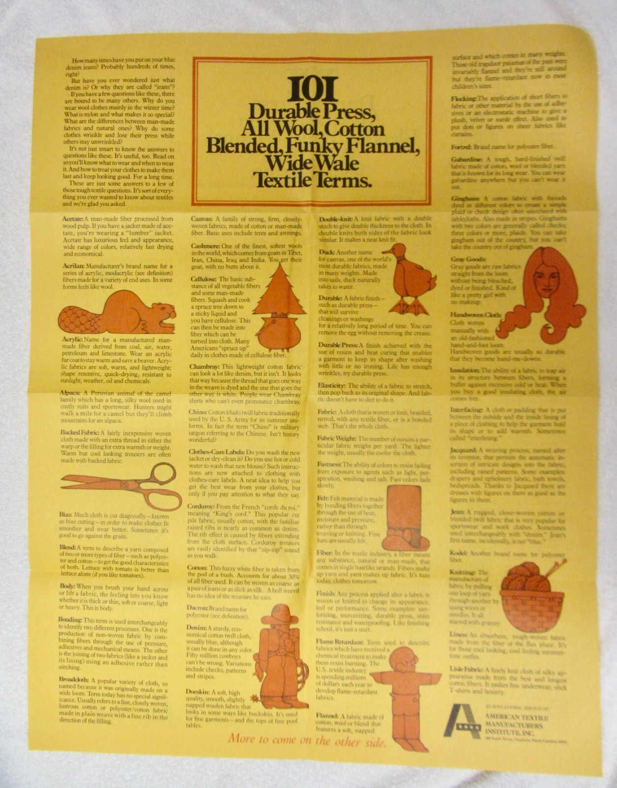 Vintage 1970s FABRIC TEXTILE TERMS Print POSTER 21.75" X 28" Types Amer Textiles