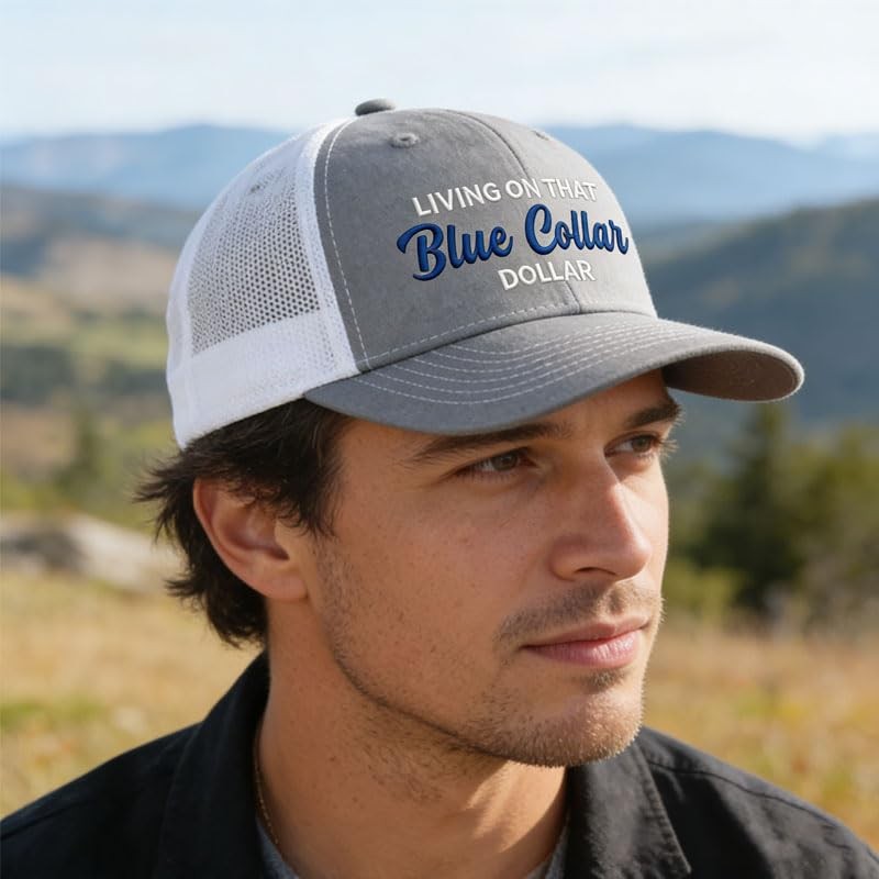New - Blue Collar Dollar Trucker Hat, Collar Breathable Mesh Trucker Hat for Men