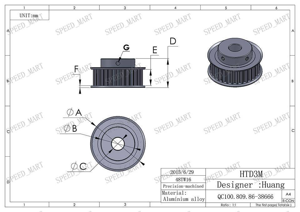 3M Timing Pulley 48T 8mm Bore for Stepper Motor 3D Printer 16mm Width HTD