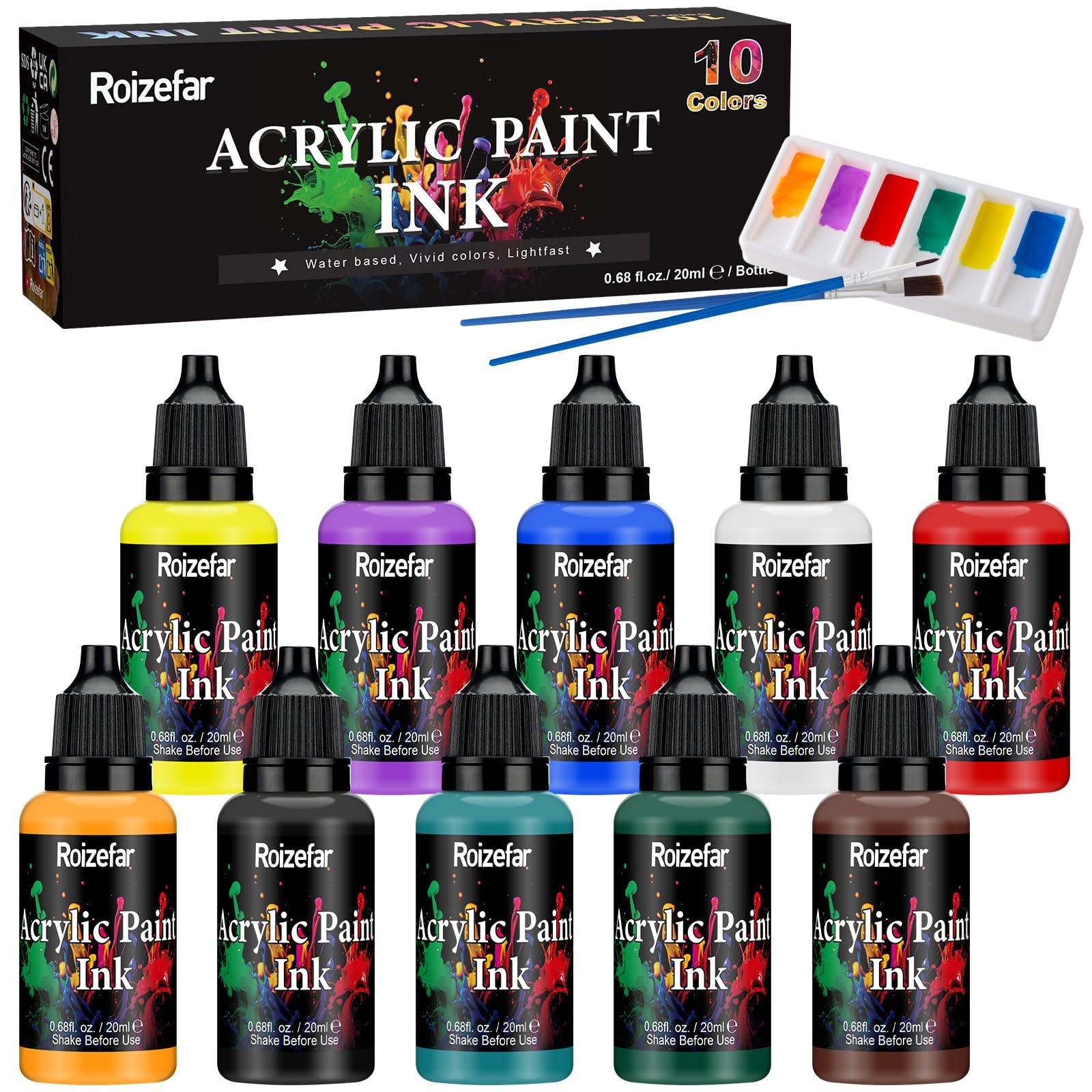 Roizefar Acrylic Drawing Ink Set, 10 x 20ml (0.68 fl.oz), Liquid 10 Colors