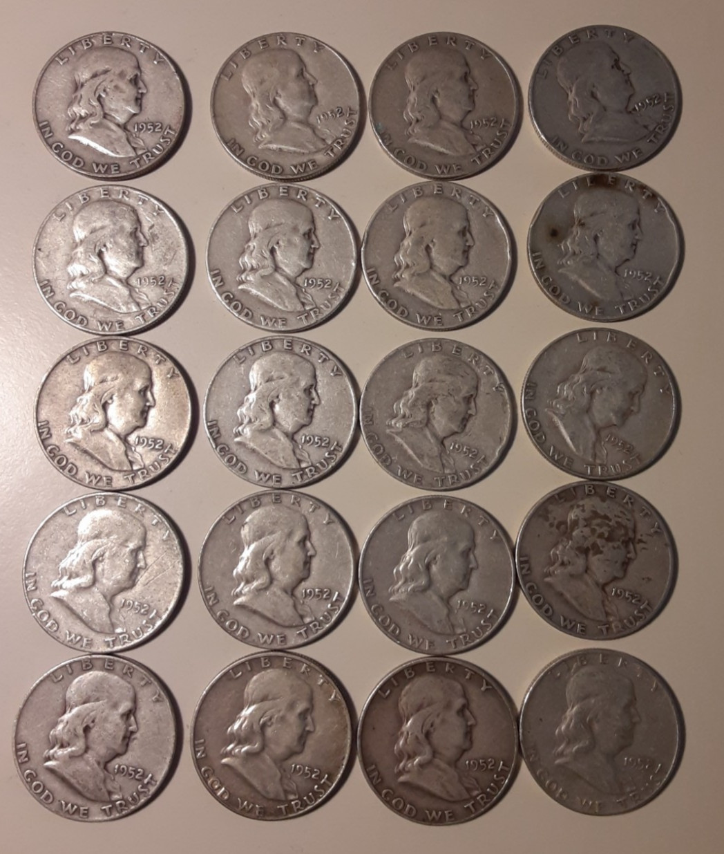 1952-D $10 Face Value 90% Silver Franklin Half Dollars various grades (#3-RDF)