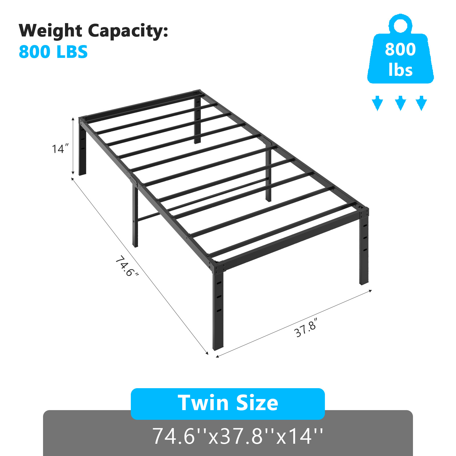 NEW Black Twin Size Simple Basic Platform Metal Bed Frame - 14 Inch Bed Height