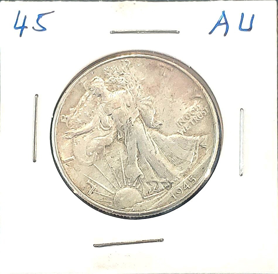 1945 LIBERTY WALKING SILVER HALF DOLLAR, AU CONDITION. SENT POSTPAID
