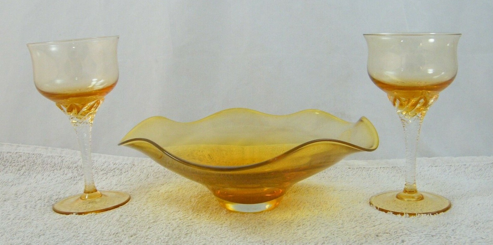 VINTAGE YELLOW GLASS STAINED CANDLE HOLDERS & DISH