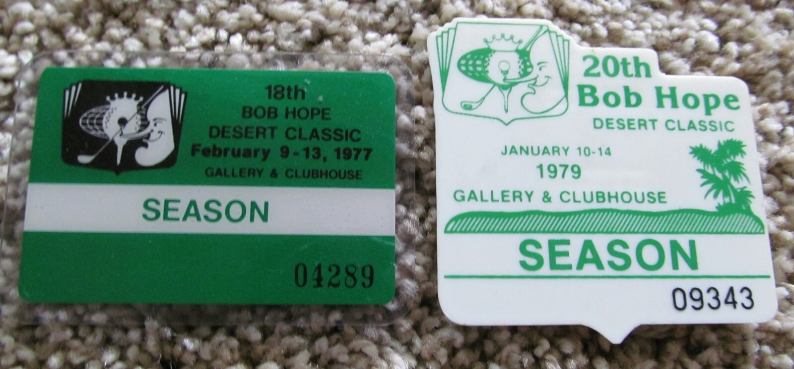 2 SEASON GALLERY & CLUBHOUSE ENTRACE BADGES-BOB HOPE DESERT CLASSIC-1977 & 1979