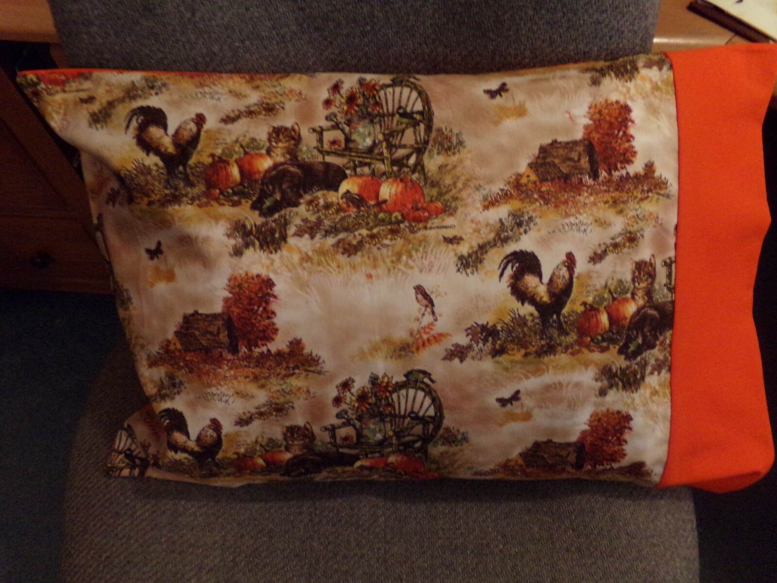TRAVEL SIZE PILLOWCASE 2 SIDED  COUNTRY CHIC AUTUMN /ORANGE CUFF  14 X 20  #98