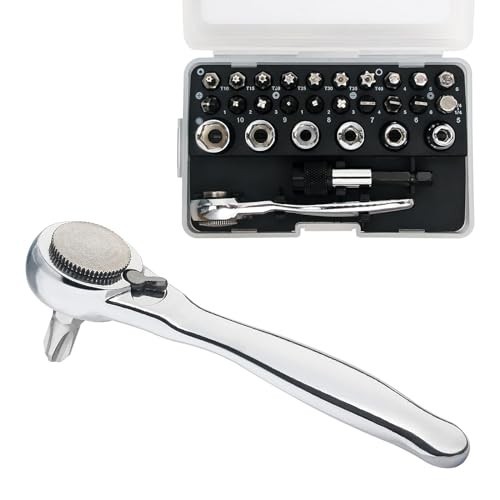 1/4 Mini Ratchet Set 28 Piece Right Angle Screwdriver Bits 72 Tooth Stubby Low