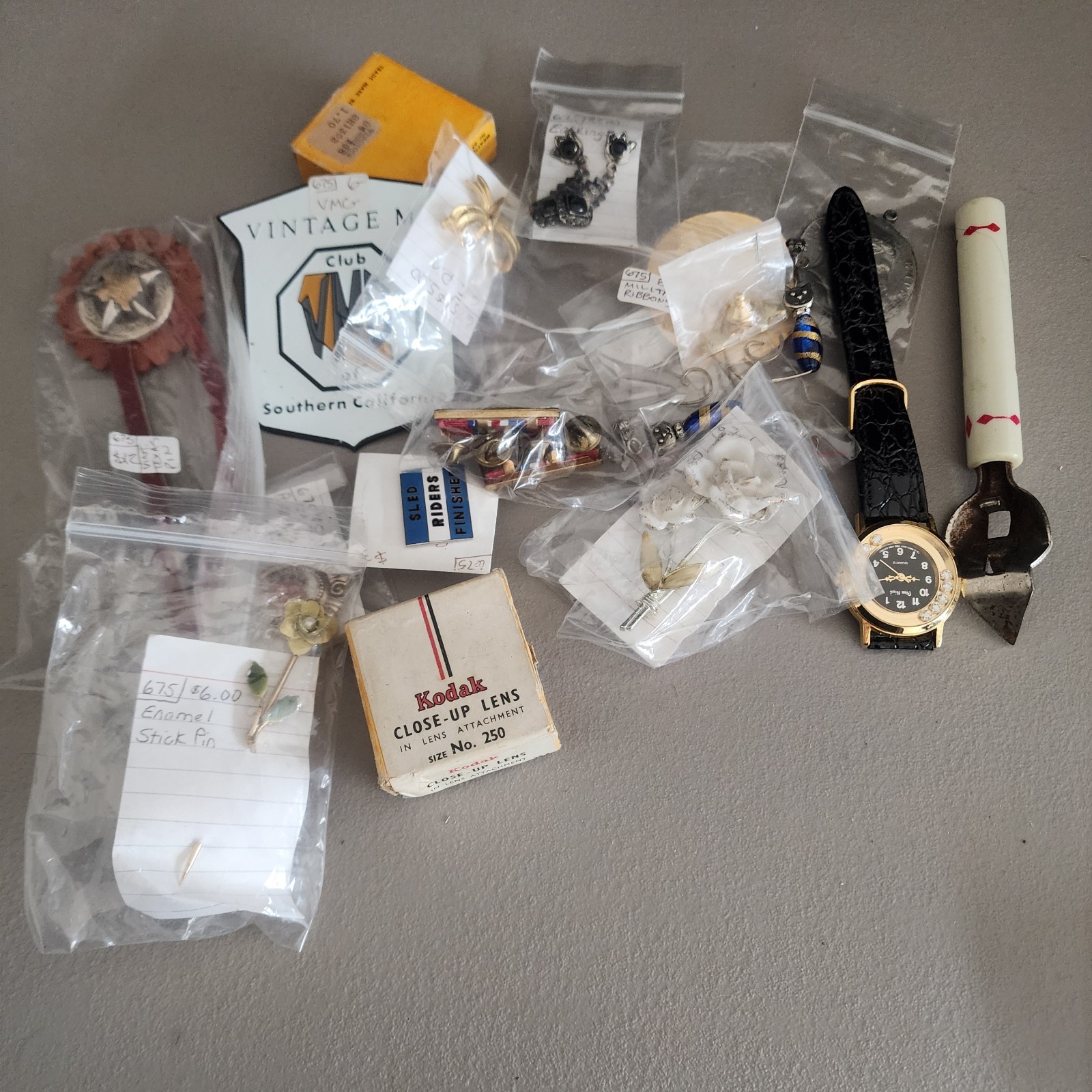 Vintage Estate Lot: MG Club Memorabilia, Kodak Lenses, Watch & Junk Drawer
