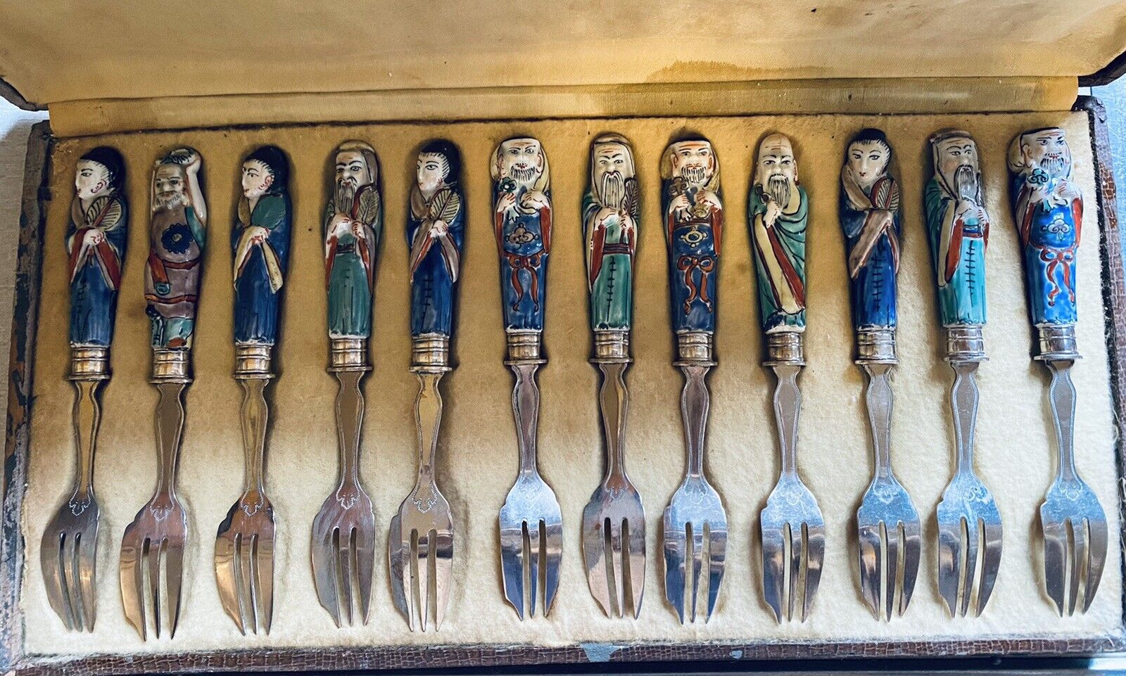 Antique Chinese Handmade Porcelain 12 Piece Set of Cocktail Forks 6 1/8" Long