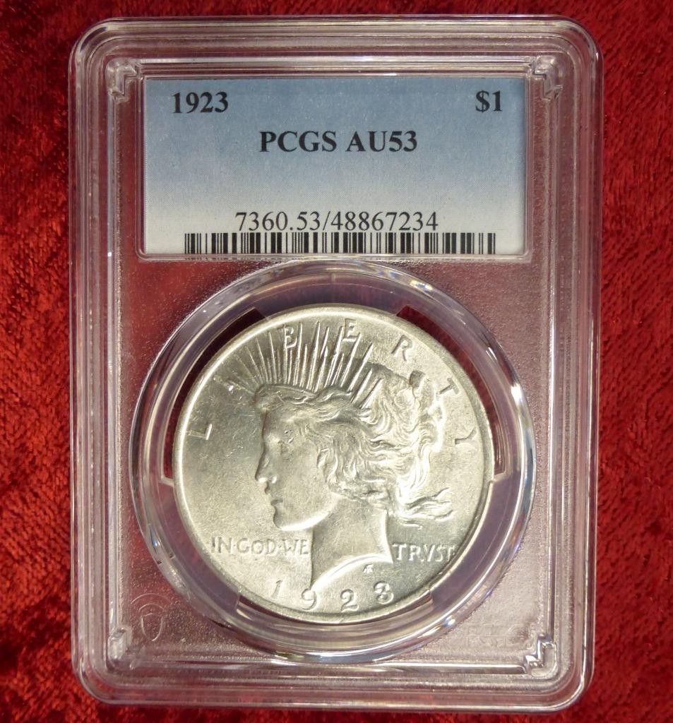 1923 PCGS AU 53 Peace Silver Dollar, United States of America Silver $1 Coin