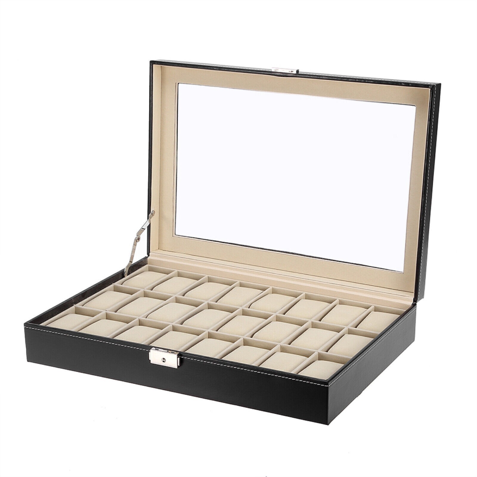 24 Slots Watch Box PU Leather Watch Case Organizer Watch Display Case Lockable A