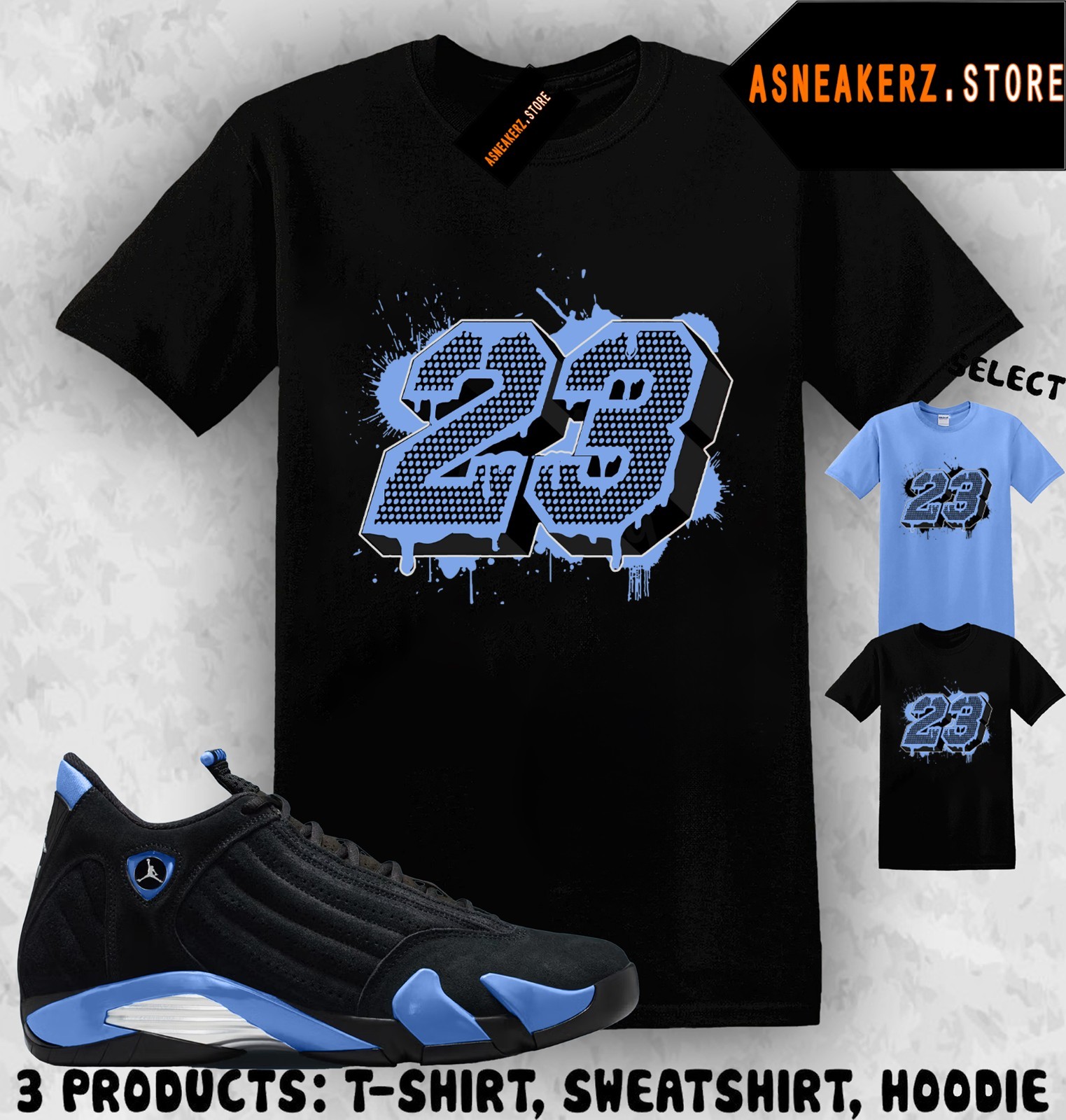 Shirt Match AJ 14 Black University Blue 2026 Sneaker Matching Tee Number 23 14s