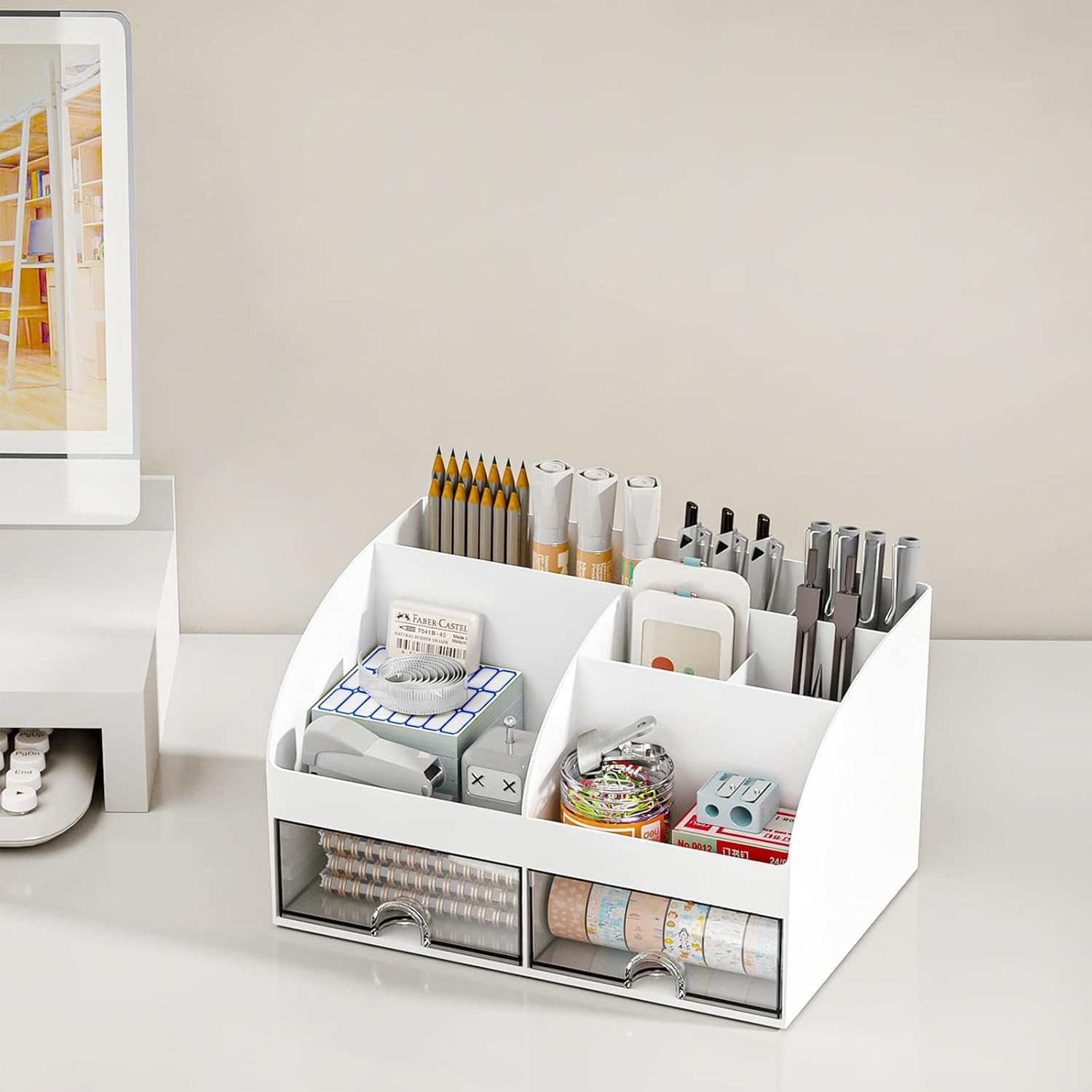 Desk Organizer with 6 Compartments and 2 Drawers, Plastic Makeup Organizer, Pen