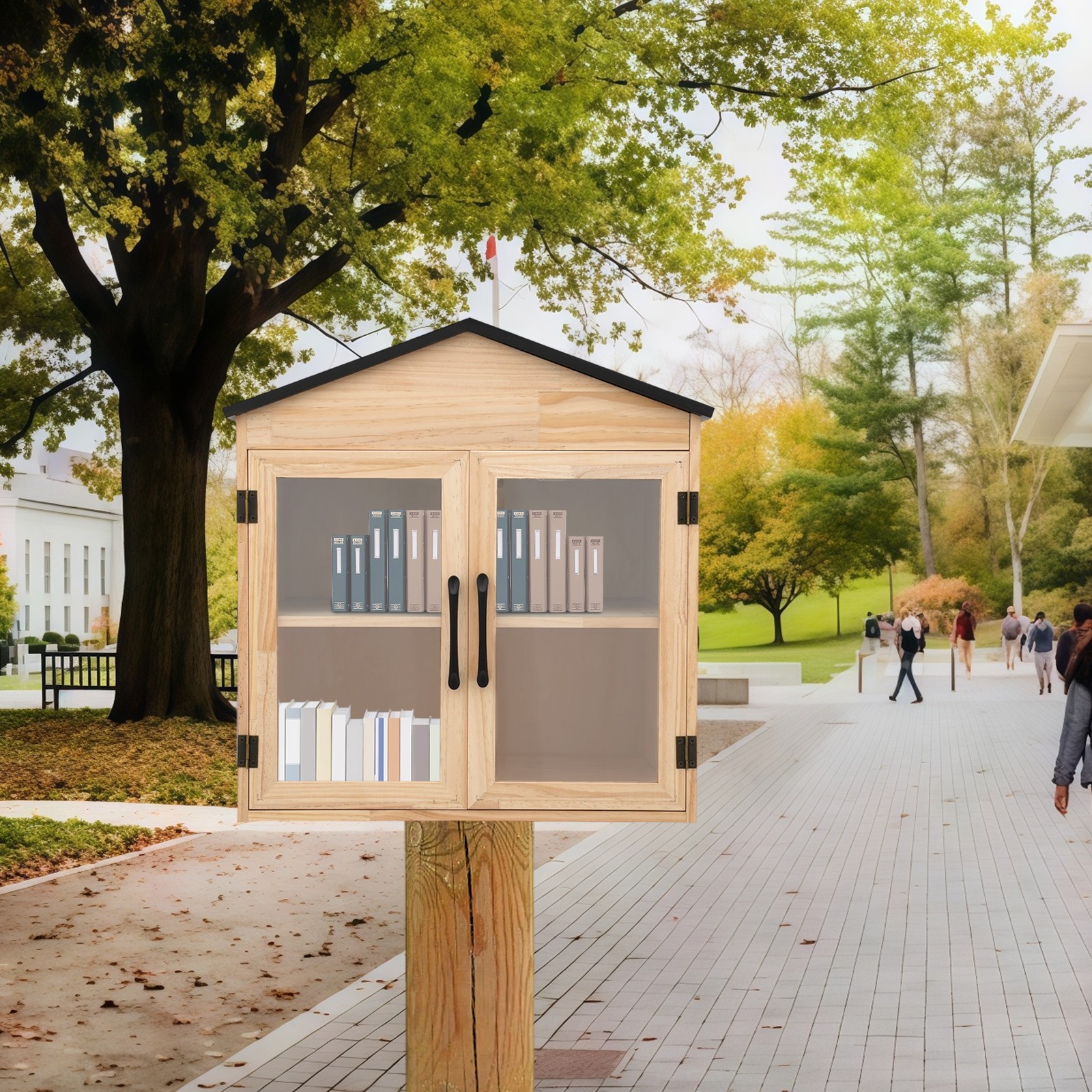 Outdoor Library Book Box Storage Wood Color Wooden Cabinet Little Literature Box