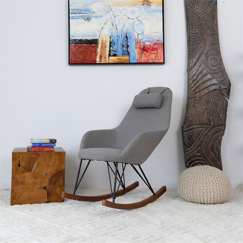 Pemberly Row Mid-Century Modern Tight Back Fabric Rocking Chair in Gray