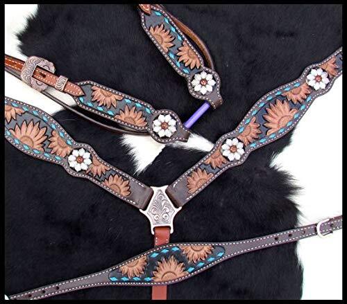 Showman Sunflower Tooled Leather Browband Headstall & Breast Collar Set w/ Reins