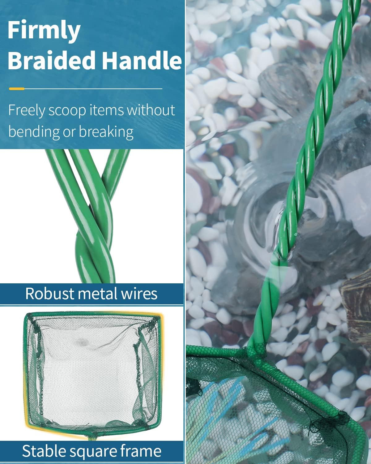 Aquarium Fish Net with Braided Metal Handle Square Net with Soft Fine Mesh Sl...