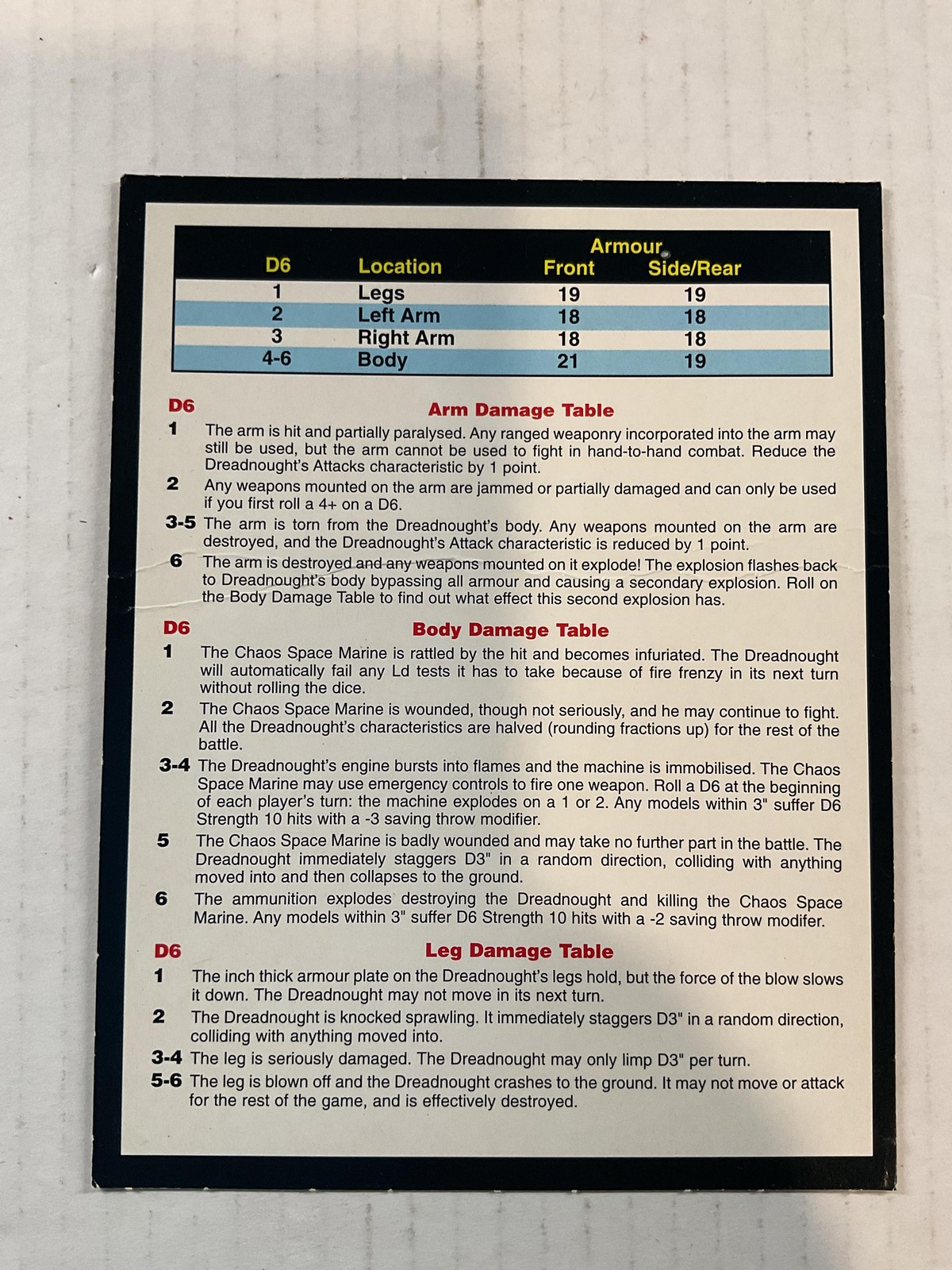Games Workshop Chaos Dreadnought Data Card Warhammer 40K Chaos Space Marines