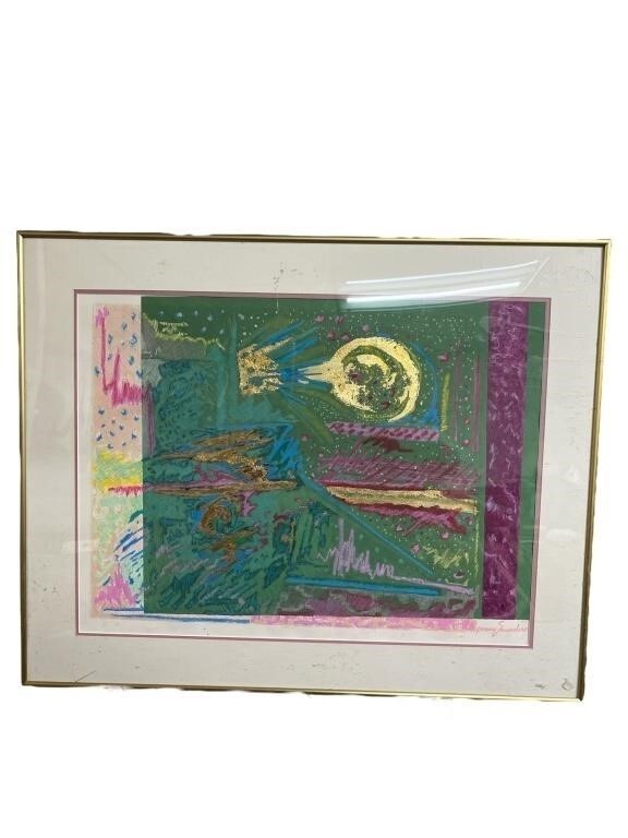 Nice Penny Saunders mixed media signed abstract art, framed 30 1/4 x 24 1/2