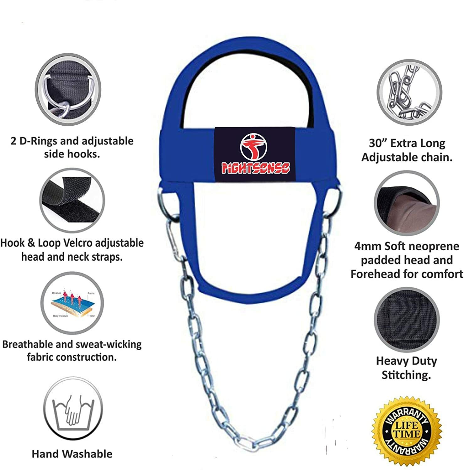 FIGHTSENSE Head Neck Harness Strap Neck Support Lifting With Chain Blue