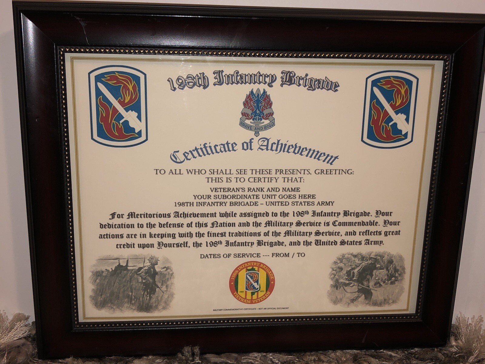 198TH INFANTRY BRIGADE - COA / (COMMEMORATIVE CERTIFICATE)