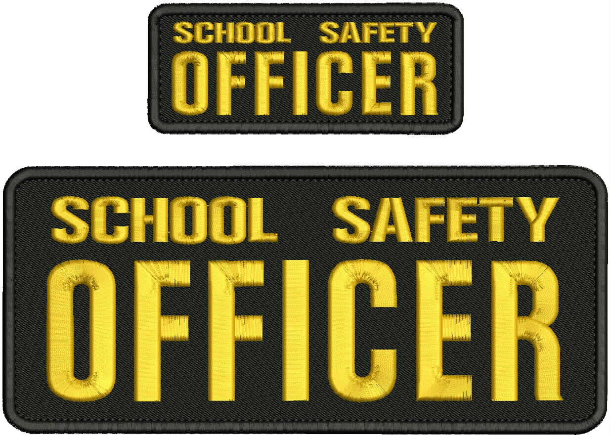 School Safety Officer 2 Embroidery patches 10x4 & 5x2 Velcr@ On Back Gold/ Blk