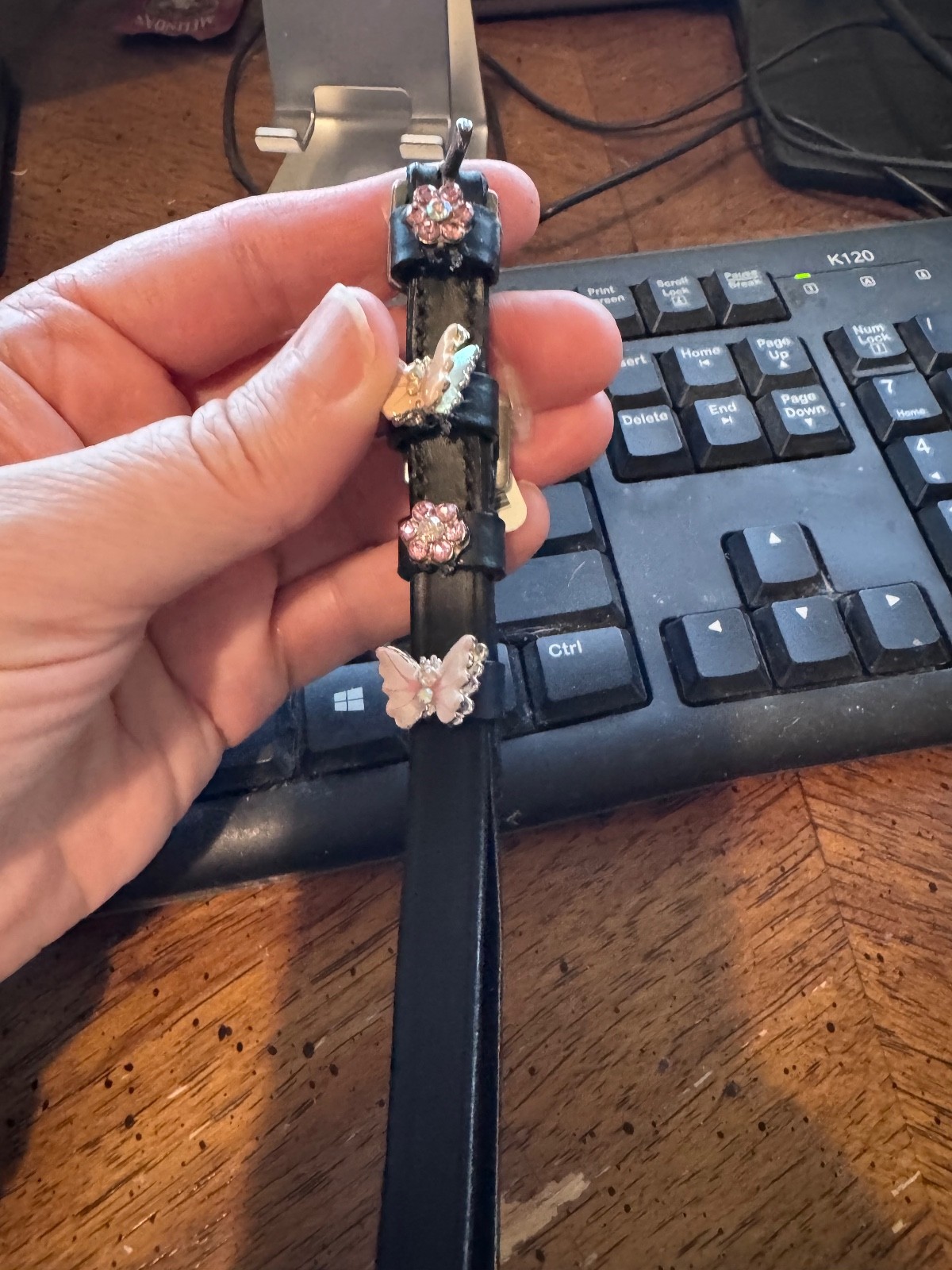 Brand New Black English Spur Straps with light pink butterflies