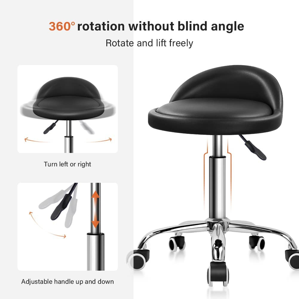 PU Leather round Rolling Stool with Back Rest Height Adjustable Swivel Drafting