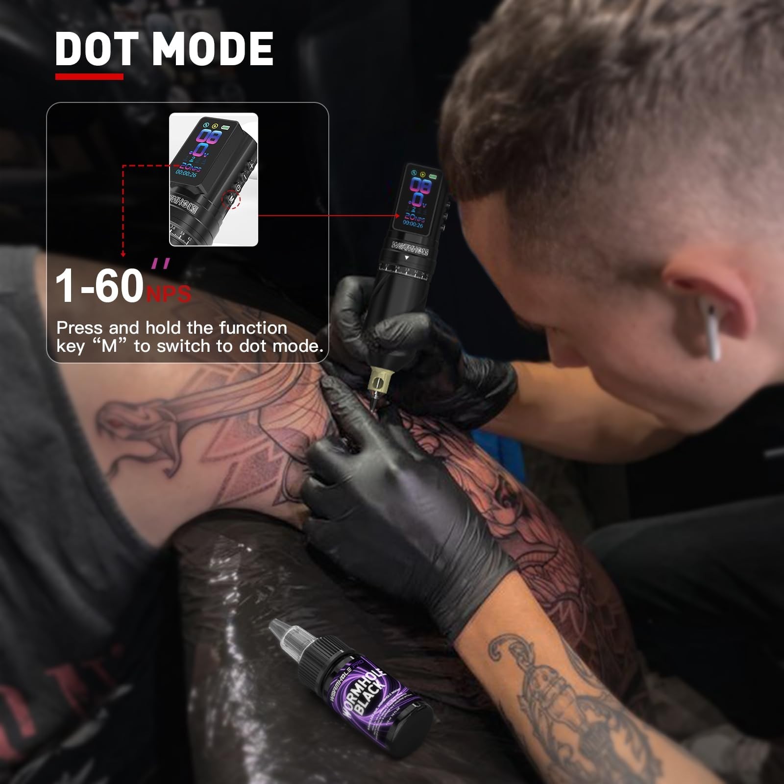 Wireless Tattoo Machine with 2 PCS 2300mAh Batteries, Smart Display, 3 Modes, 7