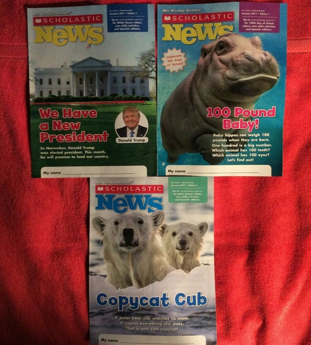 LOT OF 3 SCHOLASTIC READERS GR 1 JANUARY 2017 BABY HIPPO POLAR BEAR DONALD TRUMP