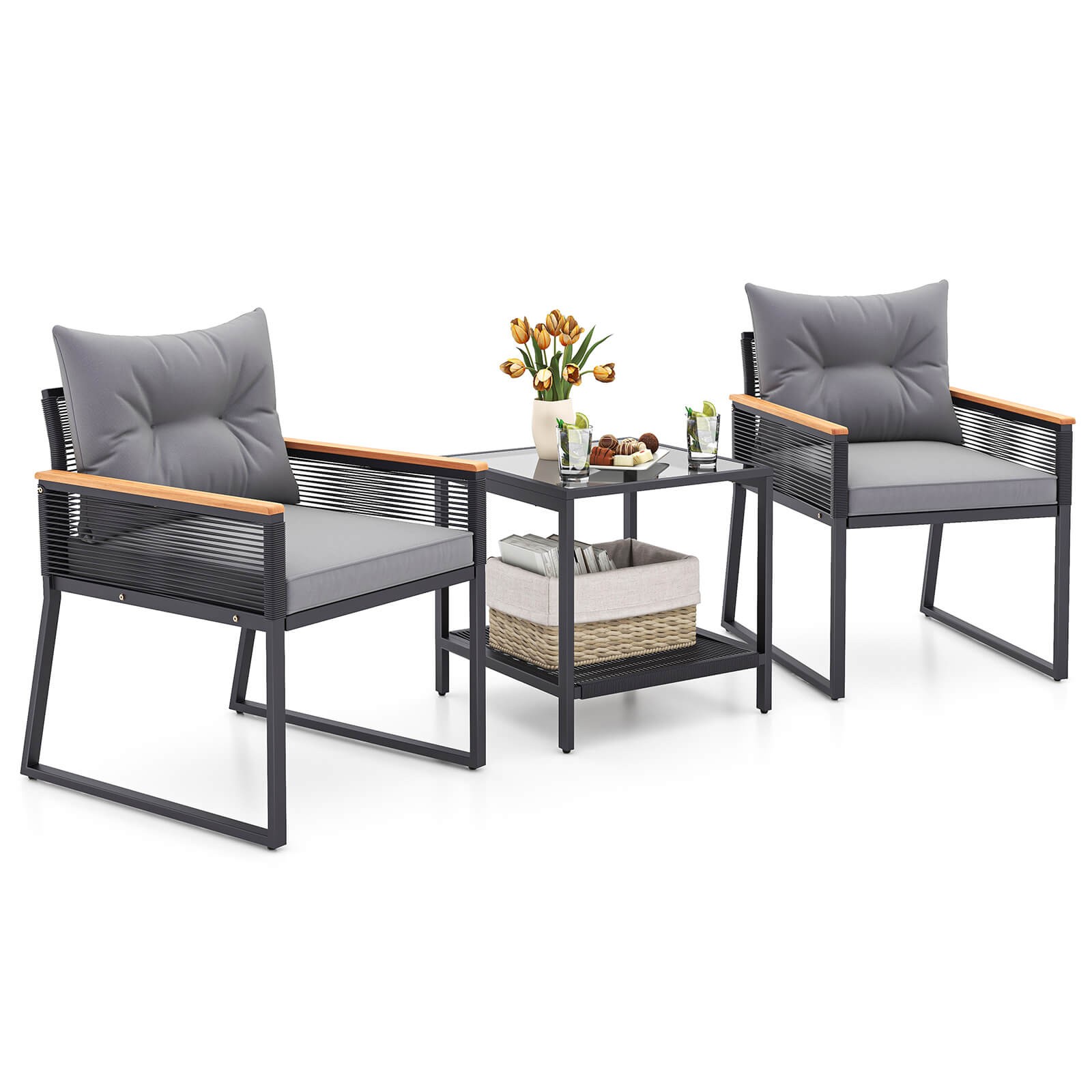 3 PCS Outdoor Conversation Set w/ 2-Layer Side Table Acacia Wood Armrests