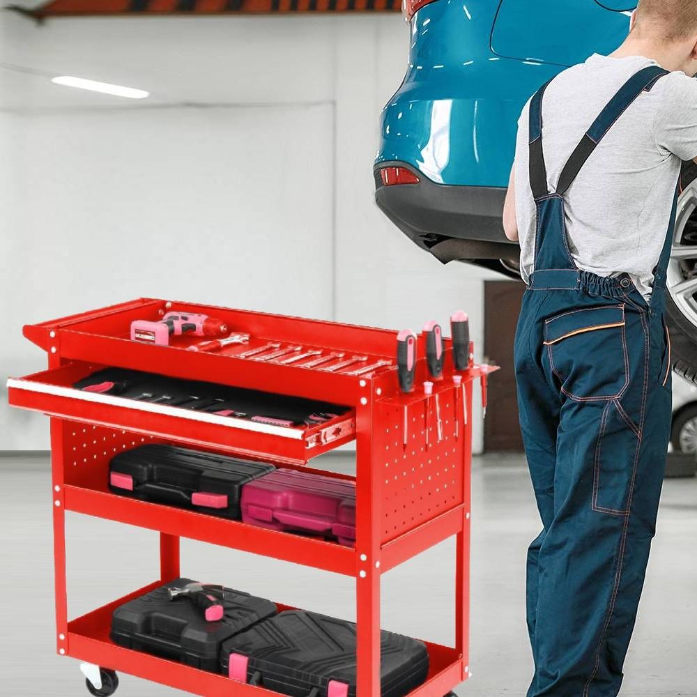 3 Tier Rolling Tool Cart with Pegboard &  Drawer & 4 Hooks & Wheels for Garage